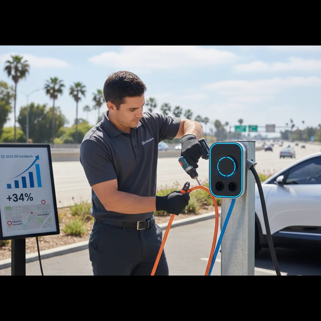 An EV on a dry Southern California freeway shoulder with tan hills behind the lanes