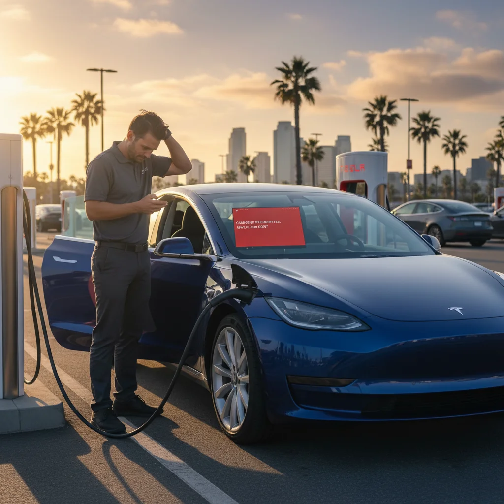 Tesla at a Supercharger stall with an error on the in-car screen, driver checking a phone in late afternoon light