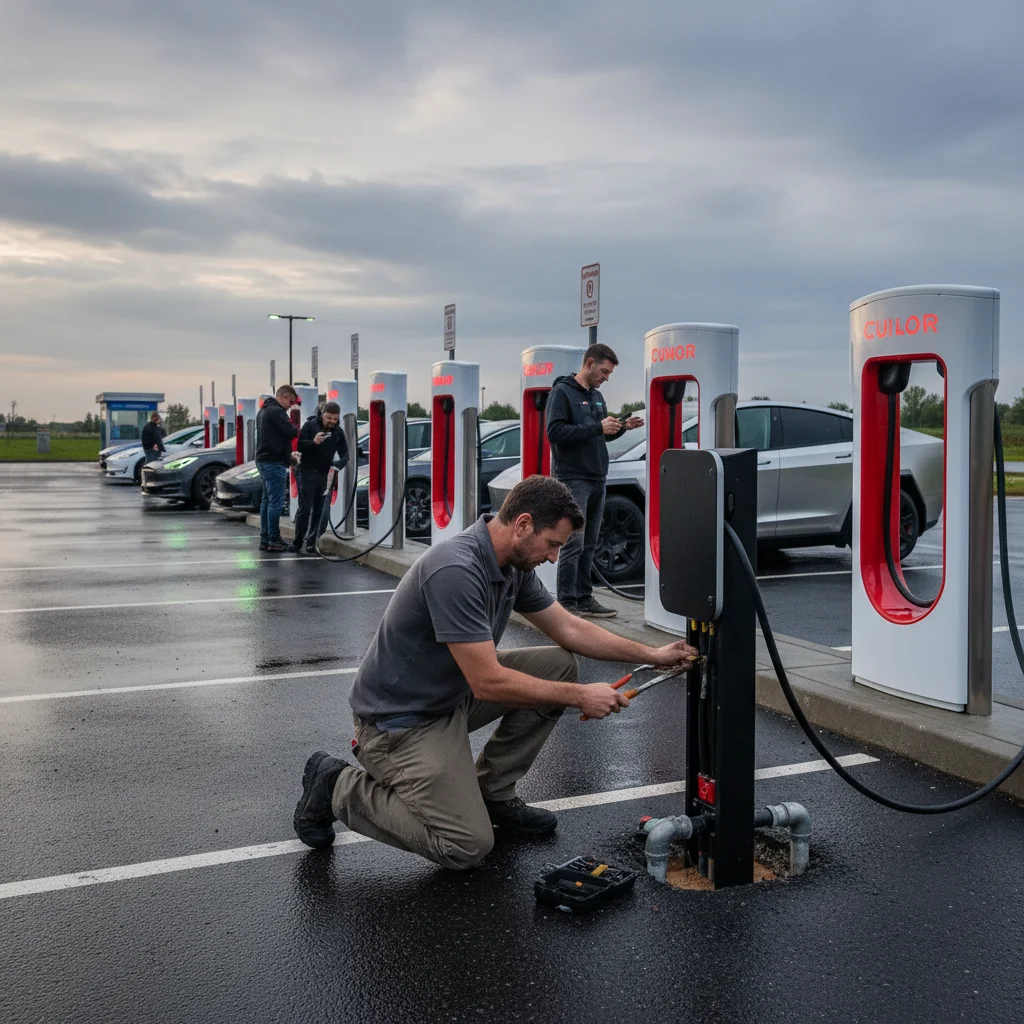 Supercharger stalls with some cars plugged in and several posts showing red error lights, drivers waiting beside them