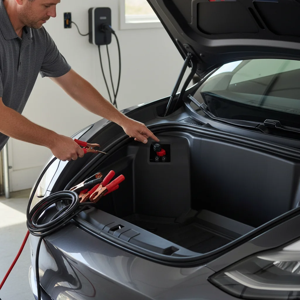 Close-up of Tesla 12-volt terminals in the frunk next to jumper cables