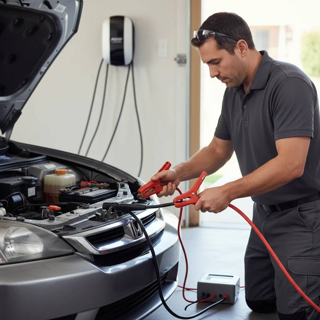 Jump cables clipped to an EV's under-hood posts on a Southern California shoulder