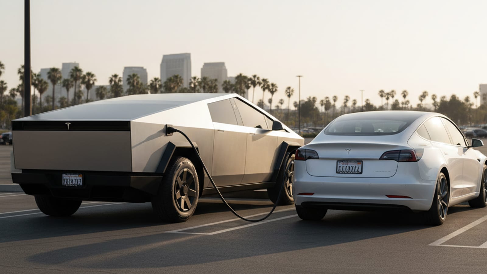 An electric car stopped on a dry inland shoulder beside scrub under open sky