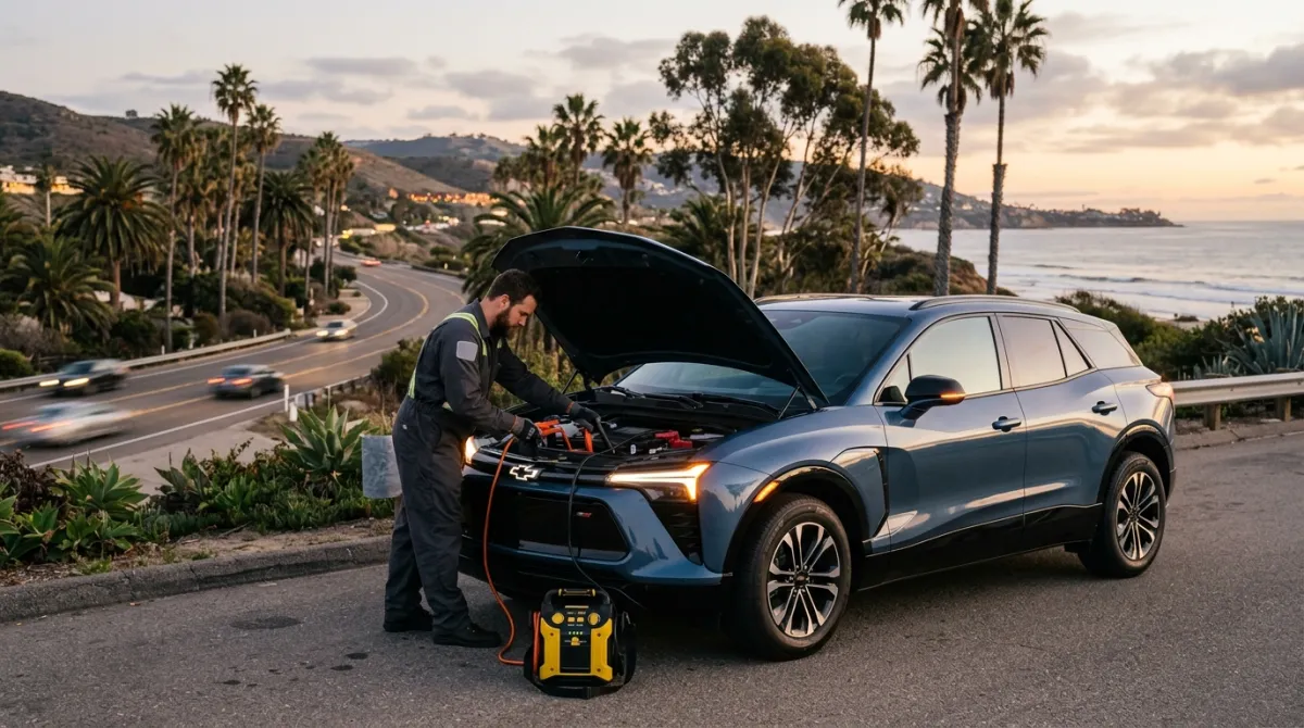 A family electric crossover in a sunny Southern California parking lot next to a mobile rescue van