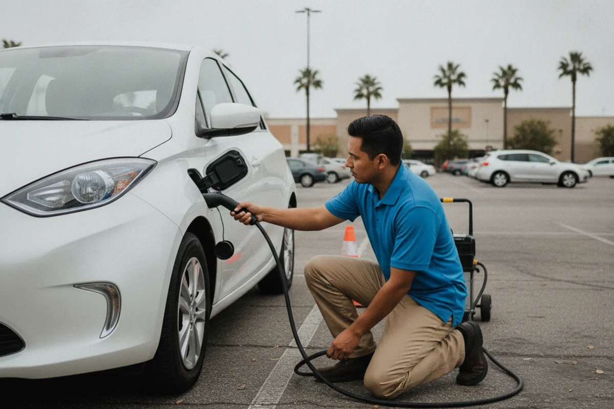 Technician connecting a charge cable to a compact EV hatchback in a parking lot