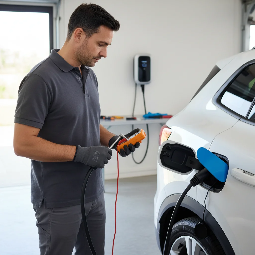 A compact electric SUV at a home wall charger with the cable seated in the port