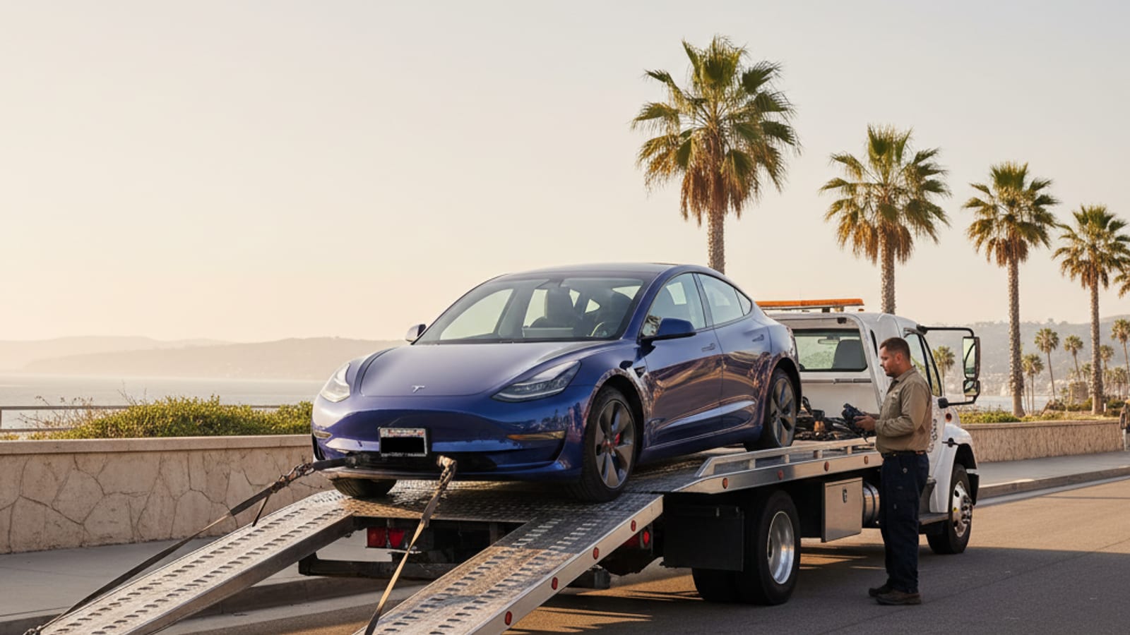 An EV on a sunlit freeway shoulder with hazard lights on, inland Southern California hills behind it