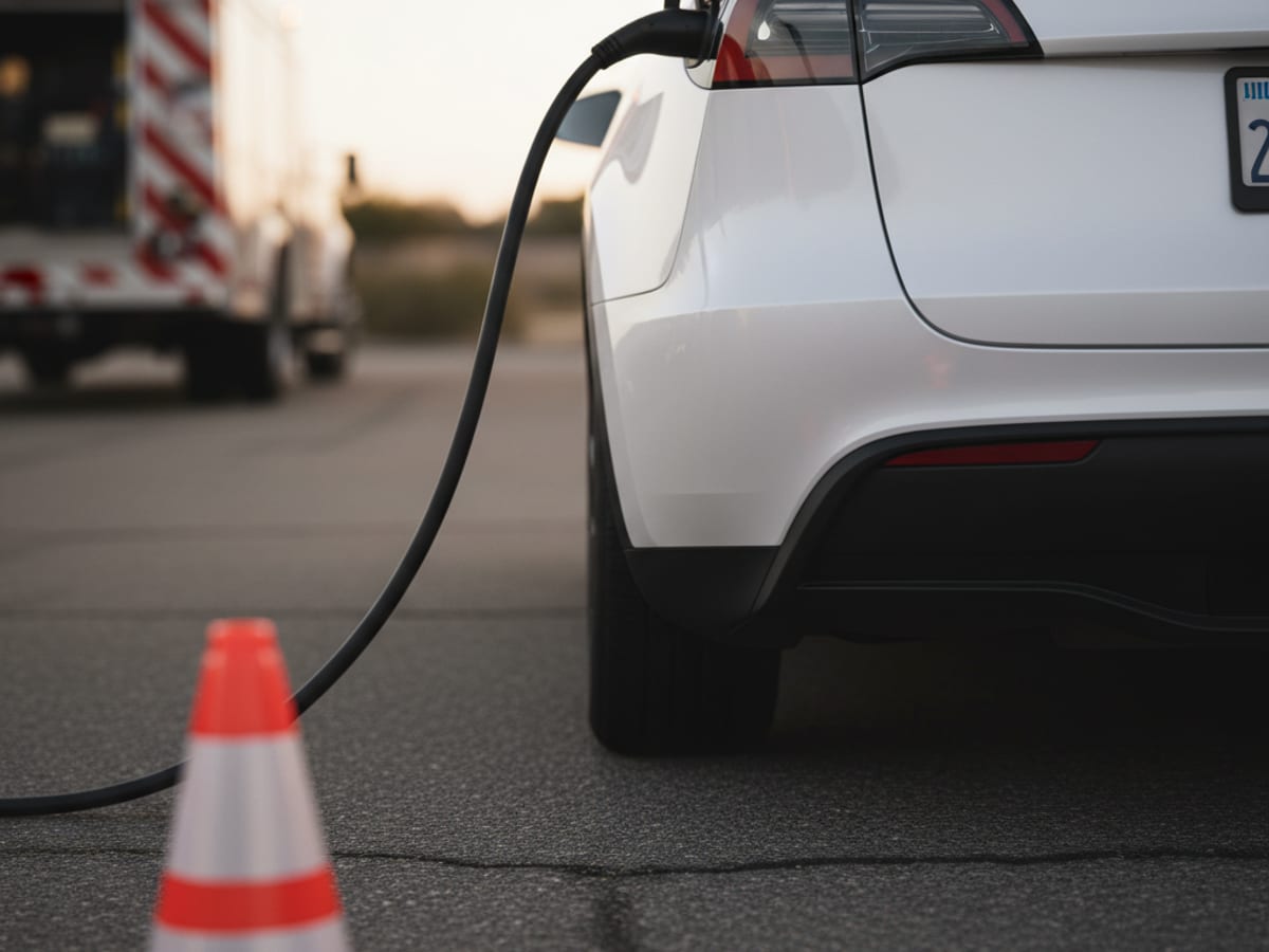 A NACS charging cable from a service-truck outlet to an EV charge port, orange cone on the pavement