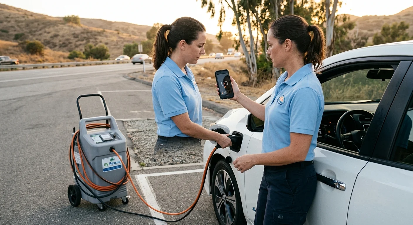 An electric car parked in a commercial lot with a dark cabin after an earlier jump