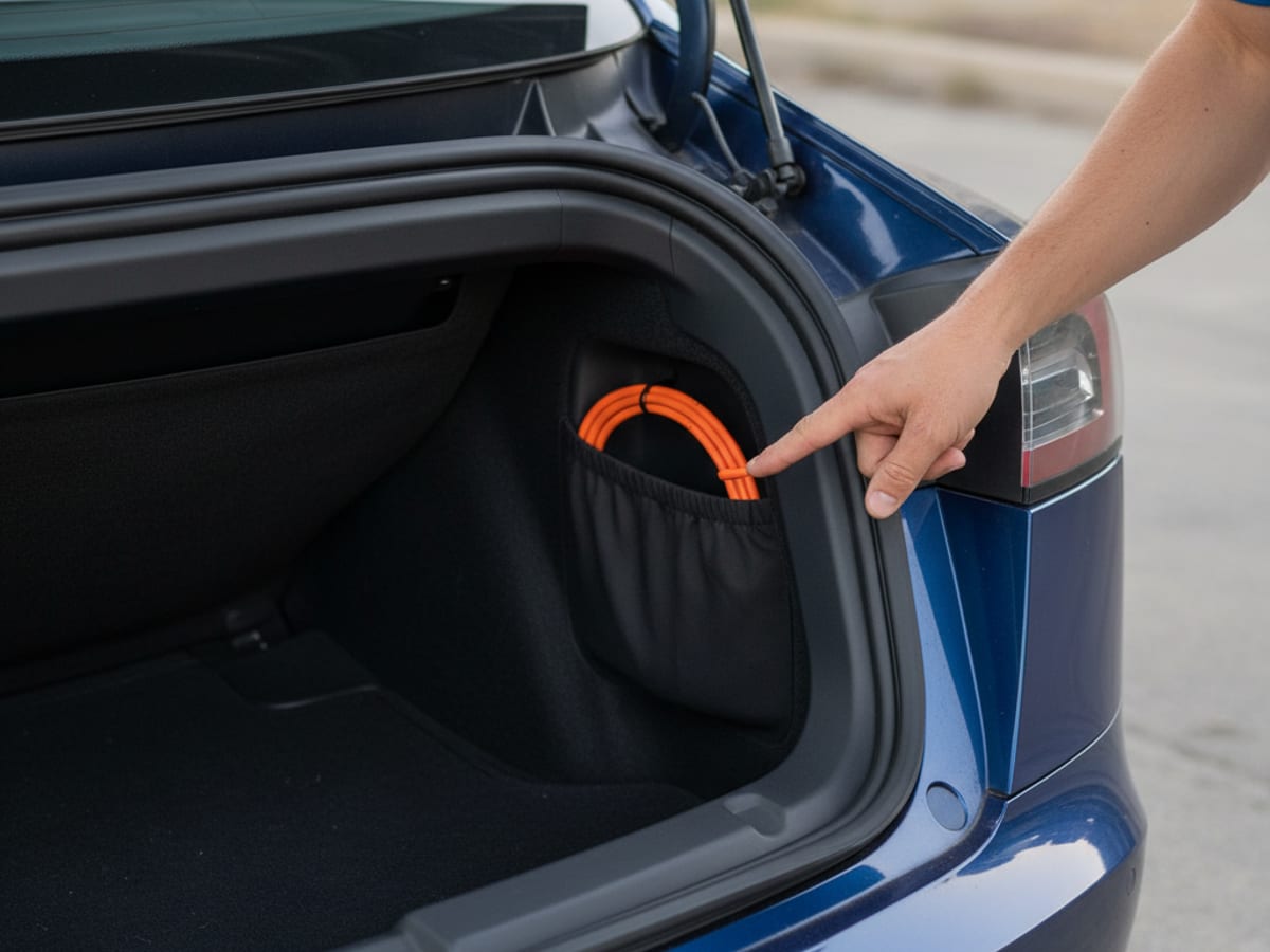 Trunk trim peeled back to show a manual charge-port release cable