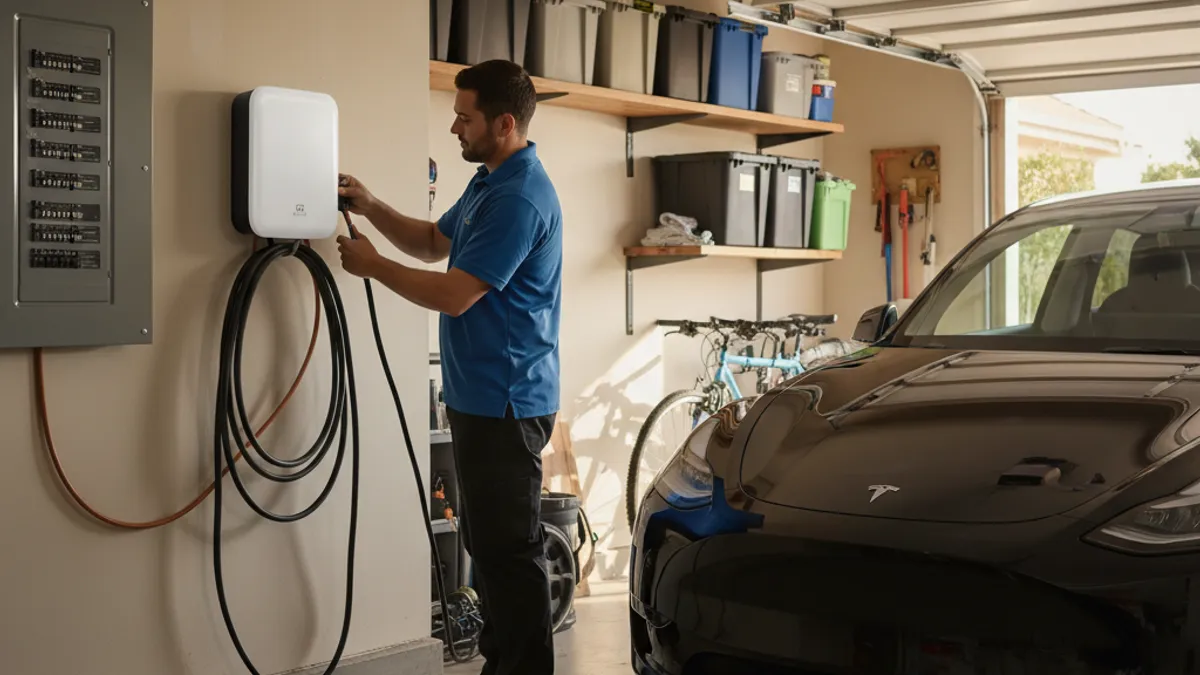 A stucco house driveway with an electric car parked beside a wall charger in late sun