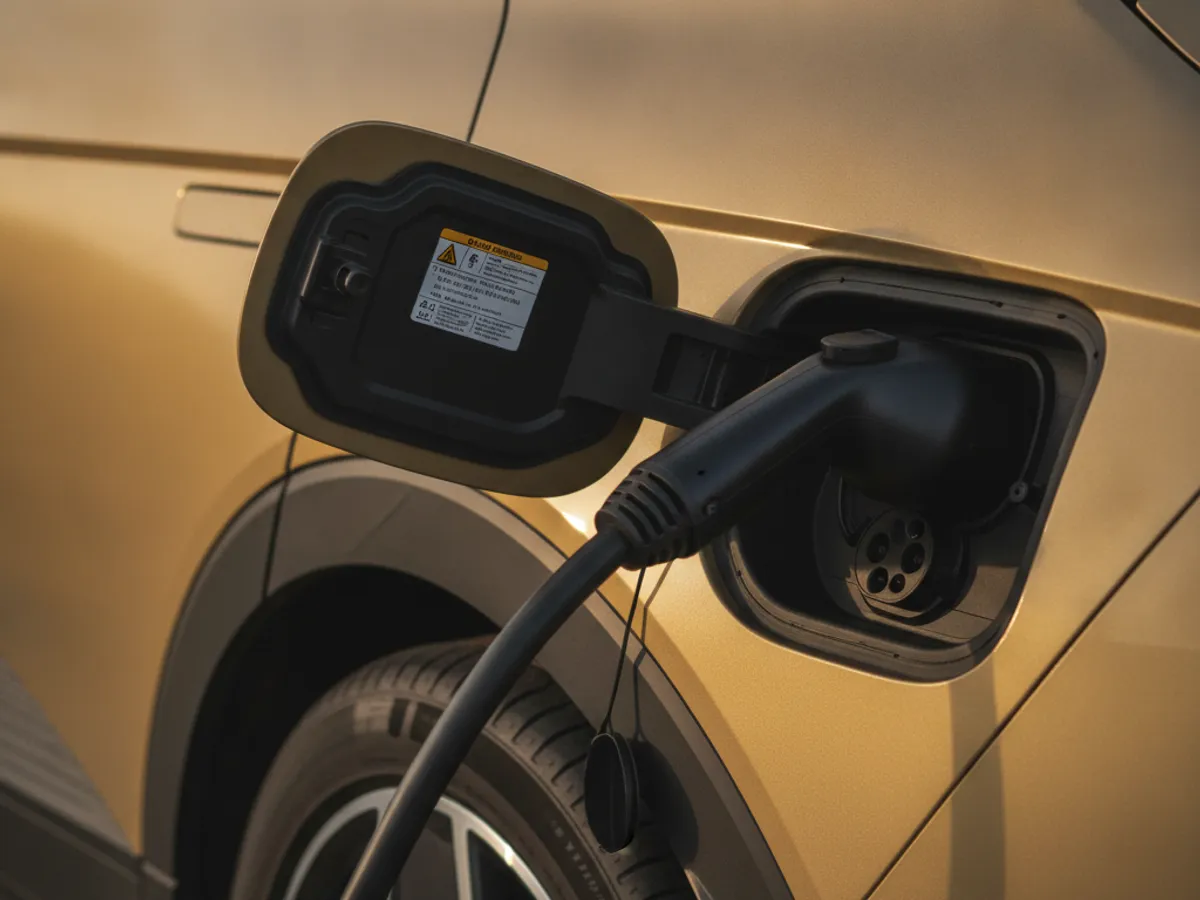 An outdoor wall outlet and EV charging cable beside a parked electric car