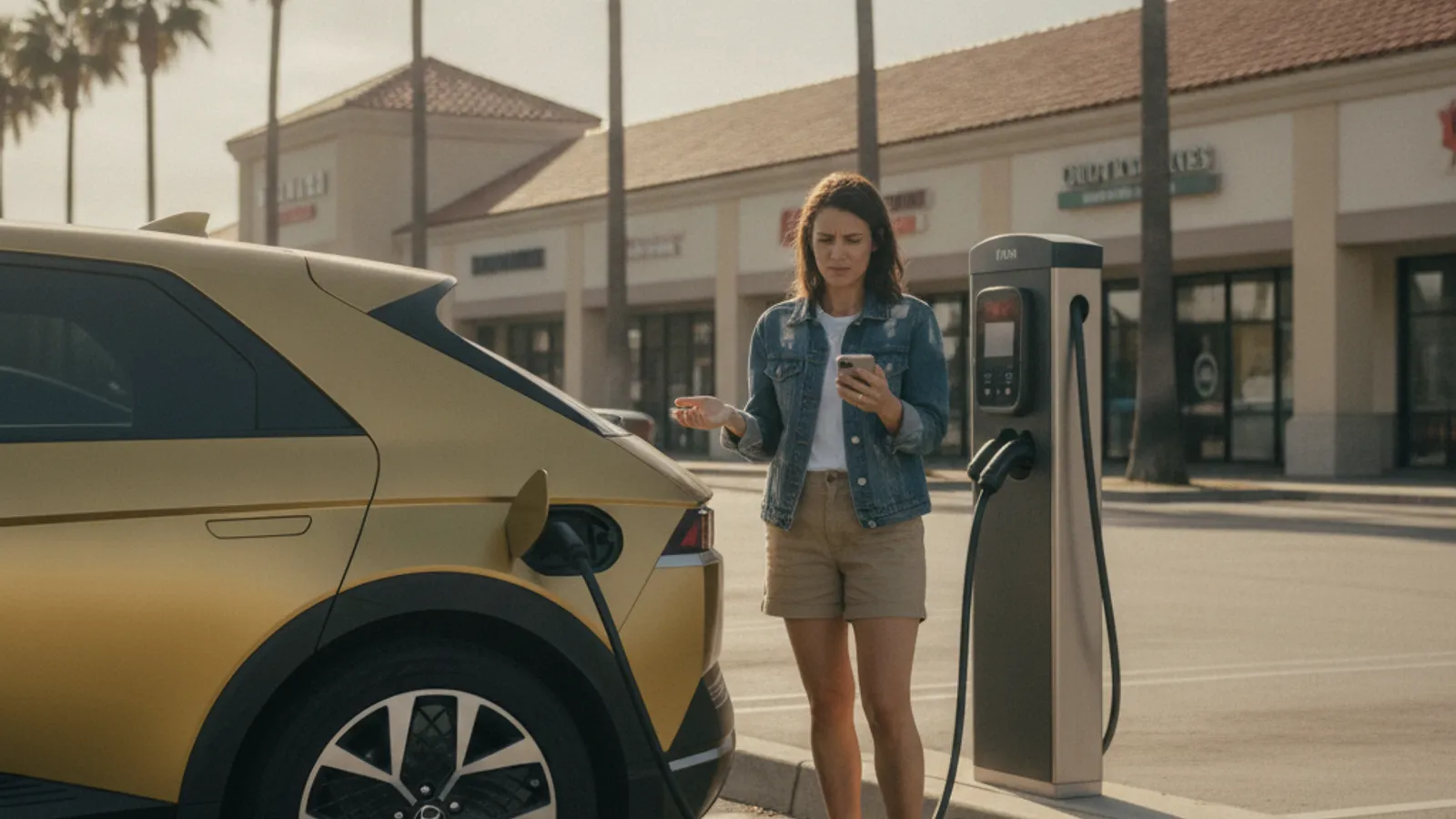 A driver checks a charging session status screen on a public EV charging kiosk in a parking lot