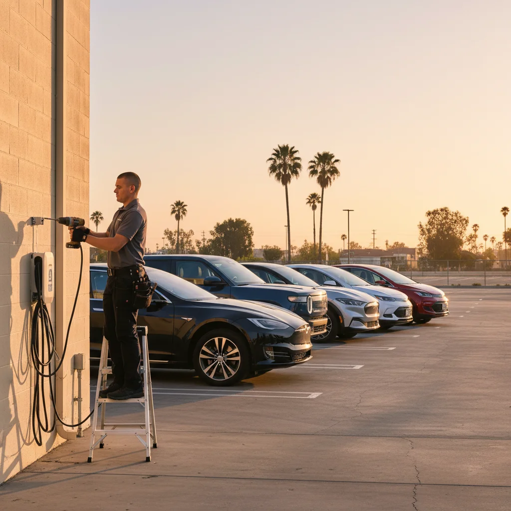 A row of electric vehicles including a Tesla, Rivian, Ford, Hyundai, and Chevy parked in a lot at sunset