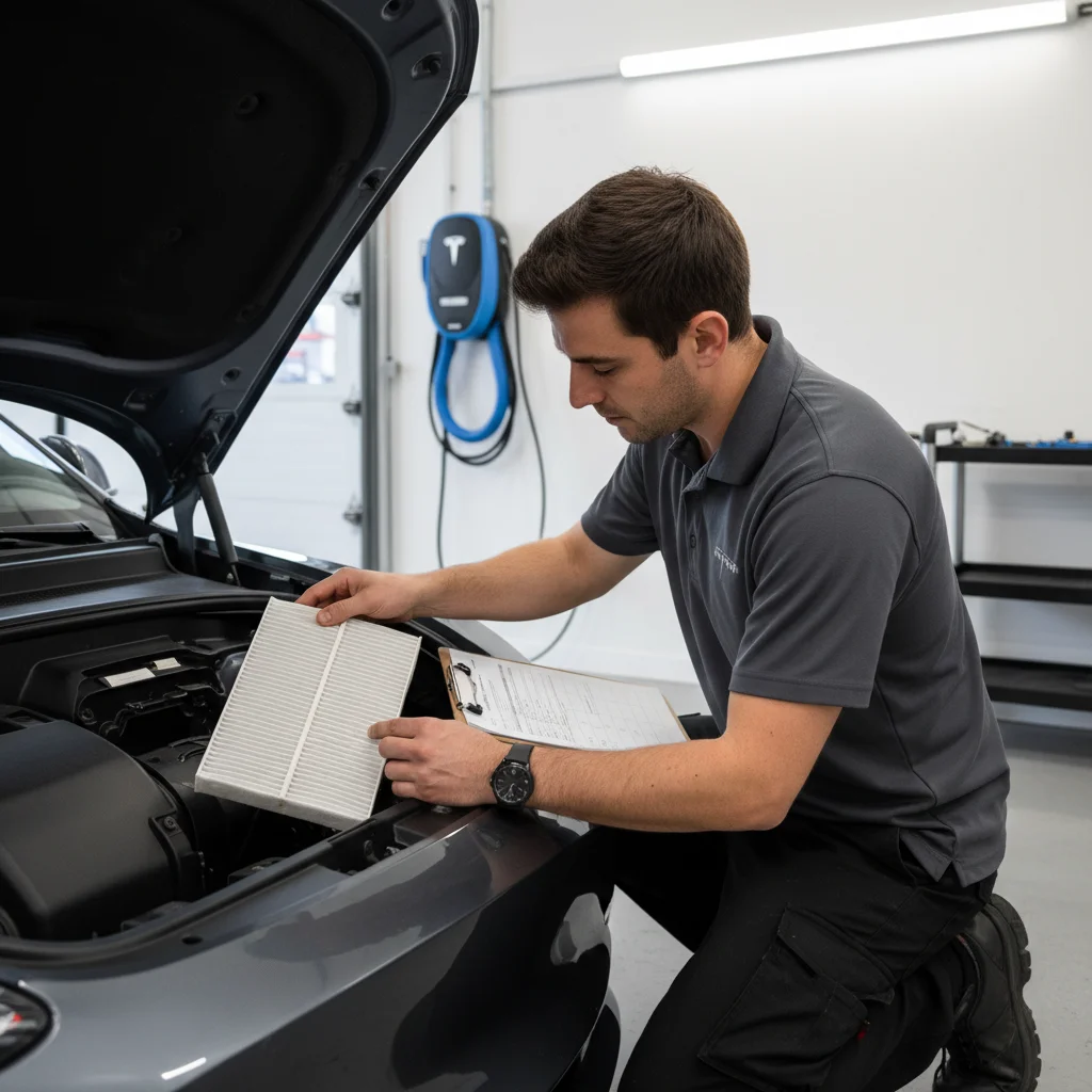 A technician in a workshop holds a clipboard while checking an EV cabin air filter