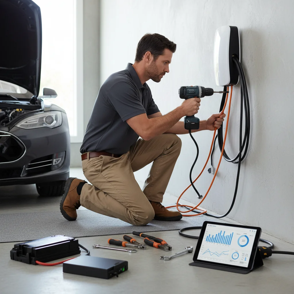 A driver checks a charging session status screen on a public EV charging kiosk in a parking lot