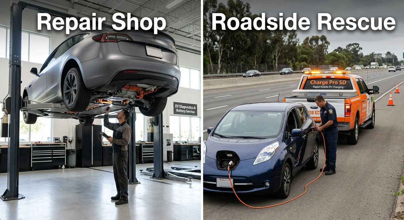Split view of an EV on a shop lift and a stranded EV taking a charge on the shoulder