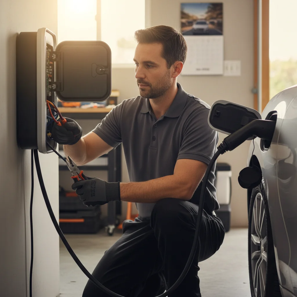 A 12-volt jump pack clipped to the front terminals of an EV on a hot afternoon