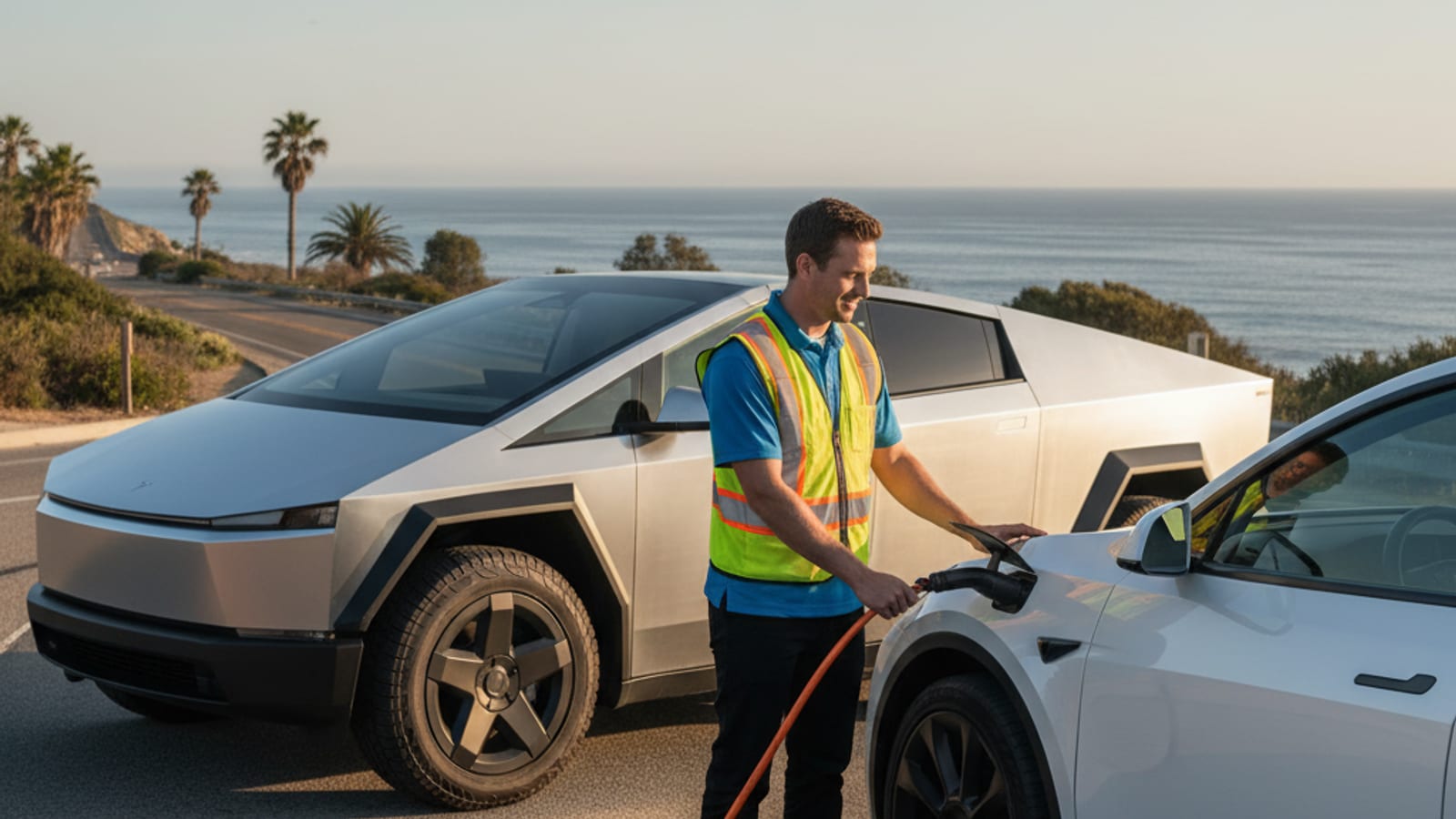 An electric car on a sunny inland freeway shoulder with hazard lights on, waiting beside dry hills