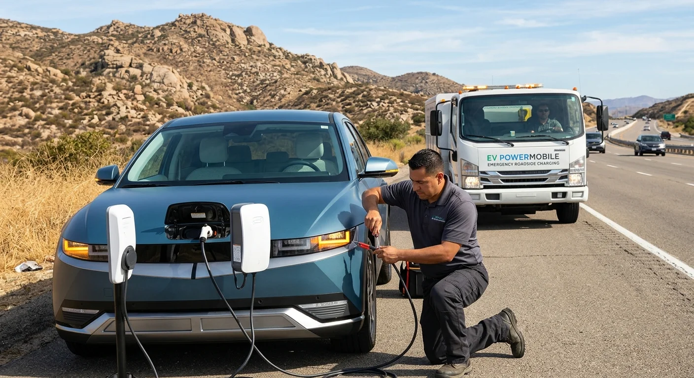 White electric SUV stopped on a freeway shoulder as a mobile charging van approaches