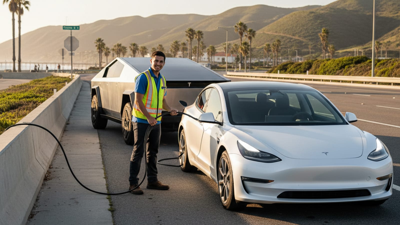 A parked passenger car on a sunlit Southern California highway shoulder