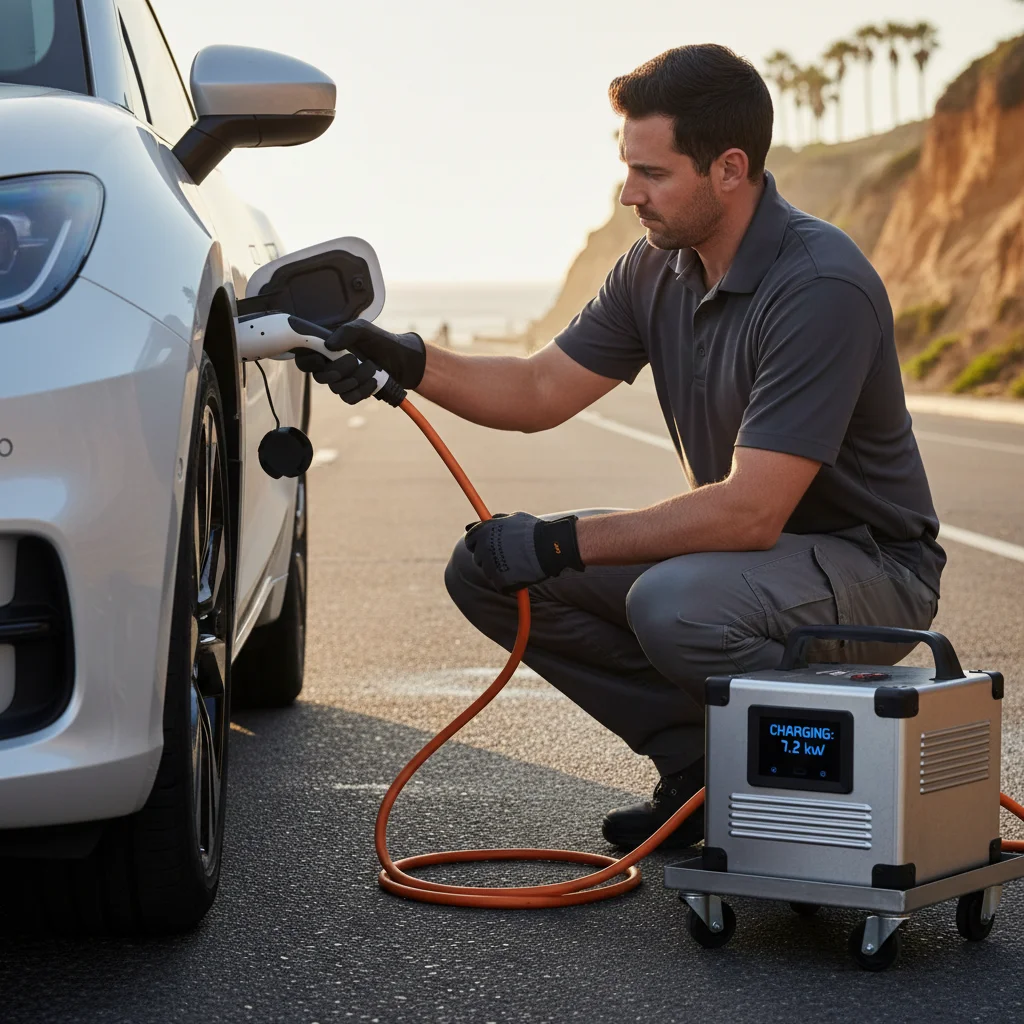 A charging cable connected to an electric car in an outdoor parking lot