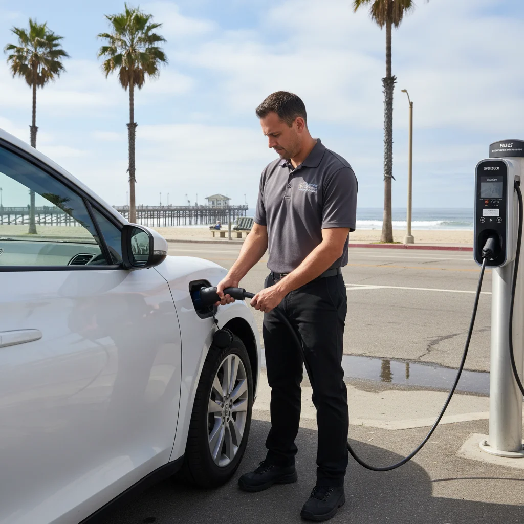 Technician plugging a mobile charger into an EV in an industrial parking lot at dusk