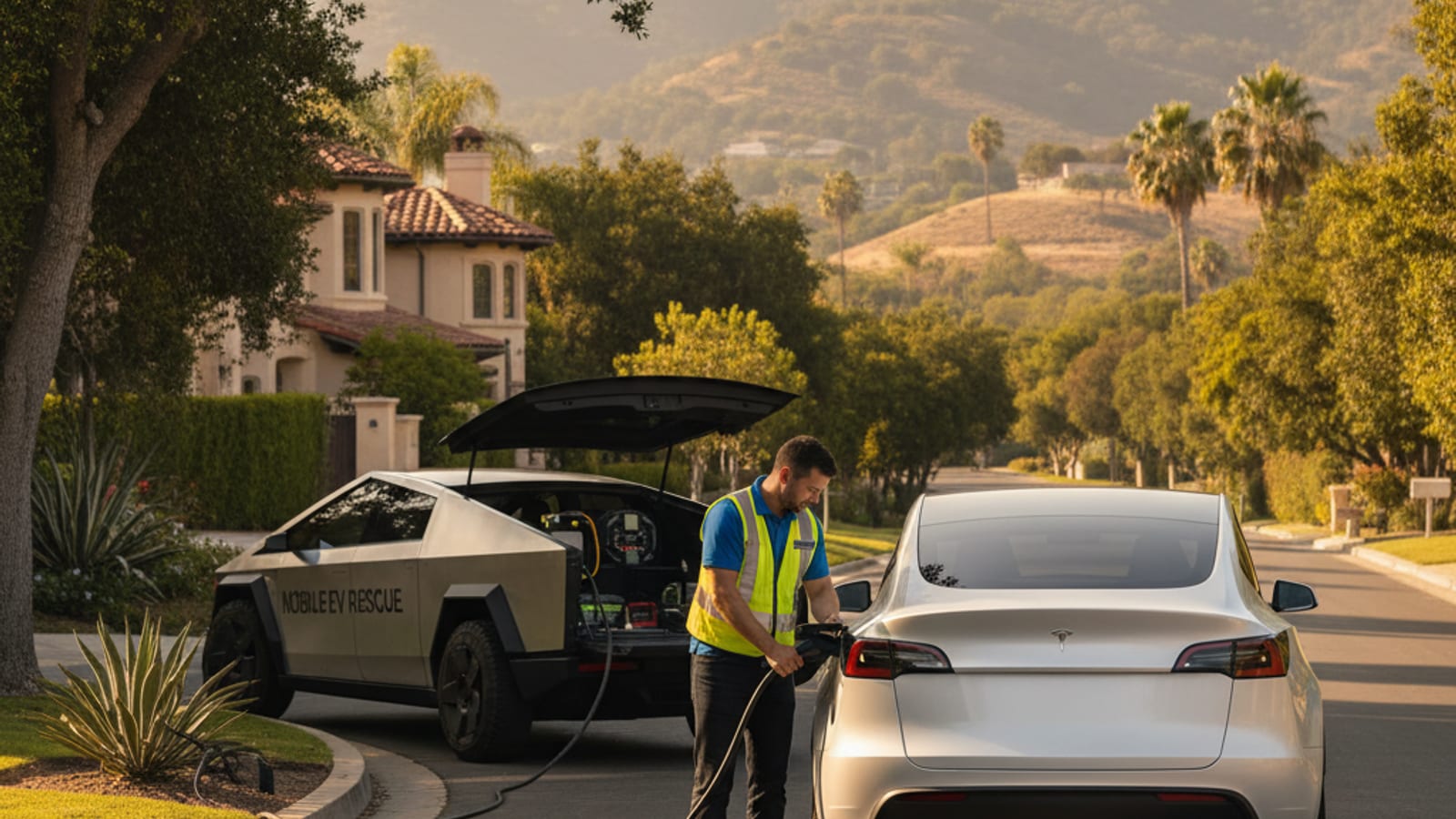 Luxury electric SUV parked on a long tree-lined hillside driveway