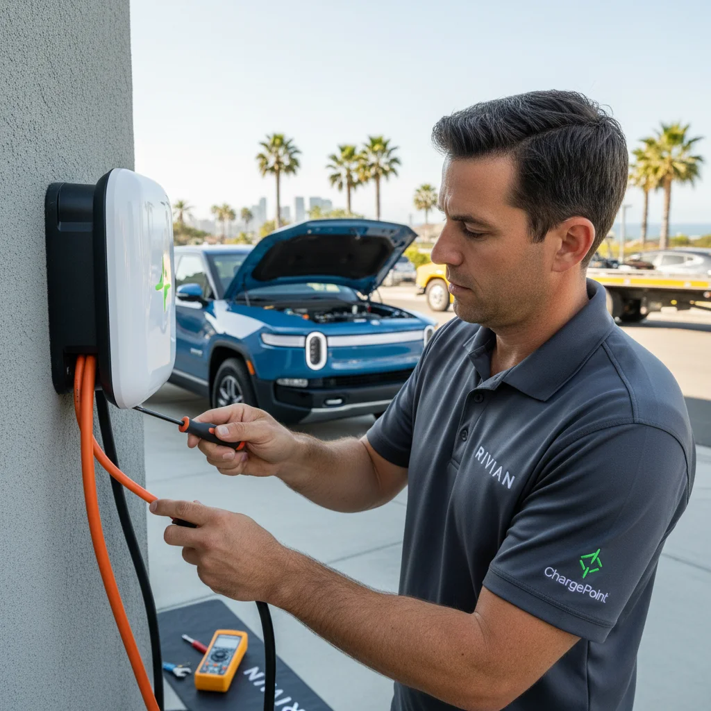 CCS plug seated in an electric pickup charge port in bright inland sunlight