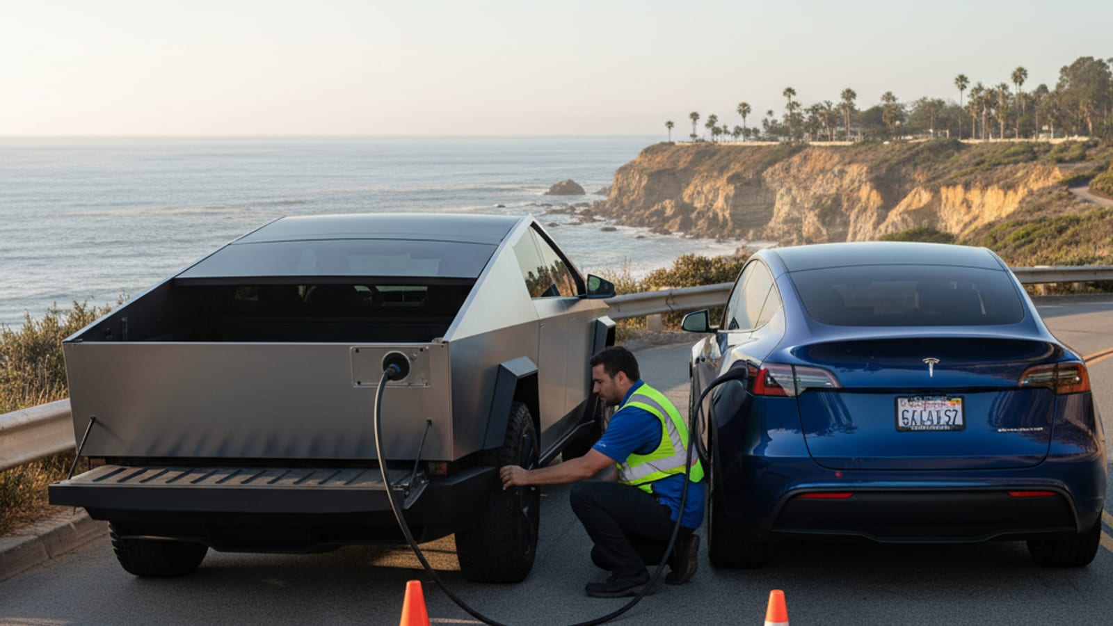 An electric car on a sunlit hillside pullout with a charging cable seated in the port