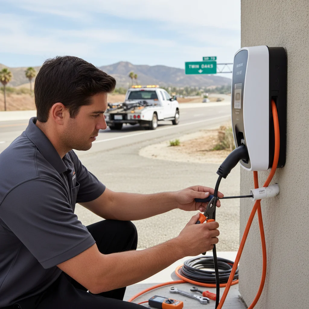 Technician kneeling to plug a portable Level 2 cable into a crossover EV on a quiet suburban street