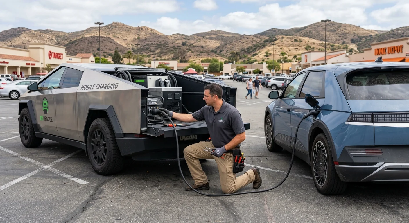 A mobile charging rig parked beside a stranded electric SUV in a warehouse-district lot, daytime, with low hills behind the buildings