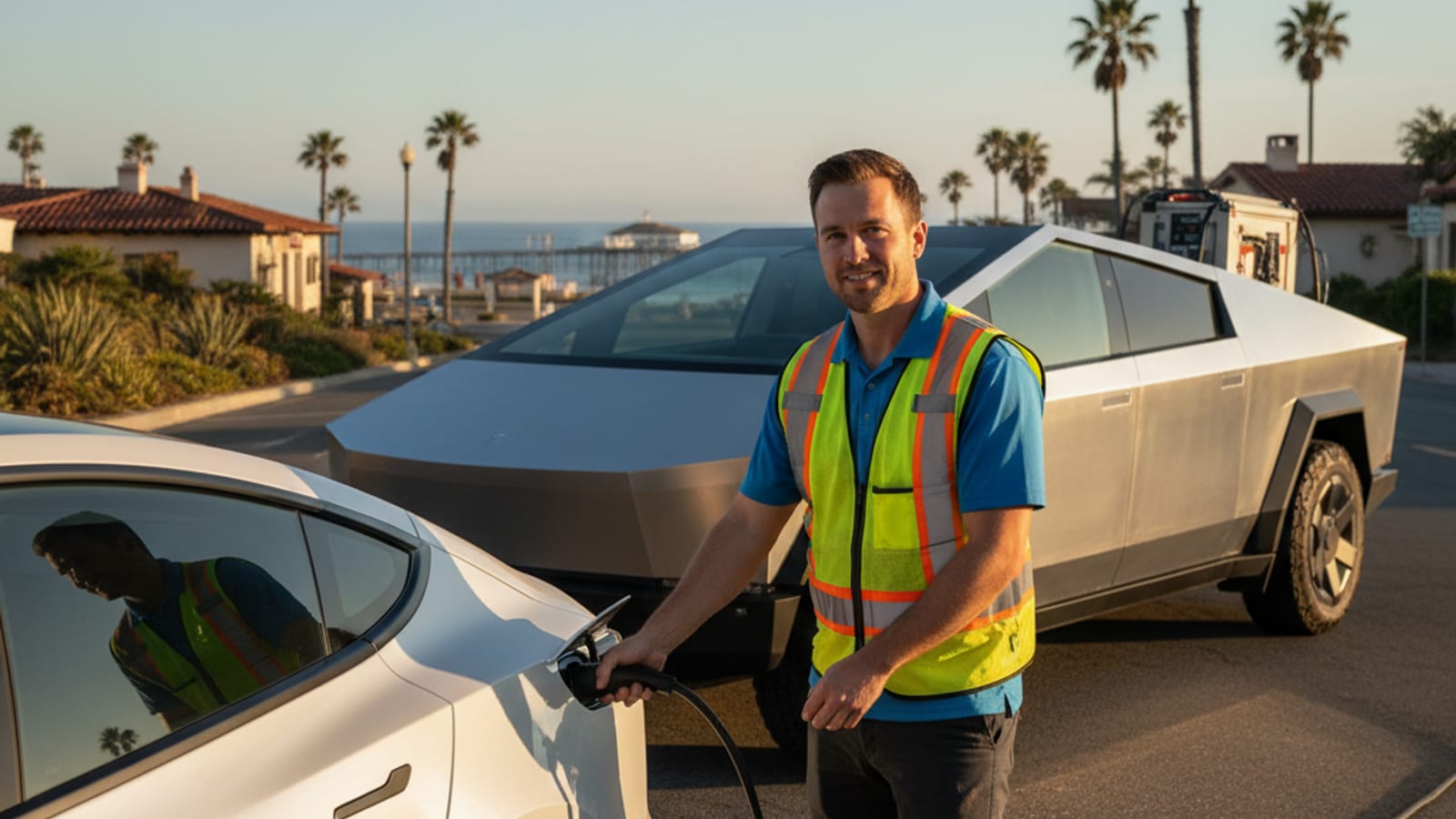 A white electric car on a sunlit Southern California shoulder with dry hills behind it