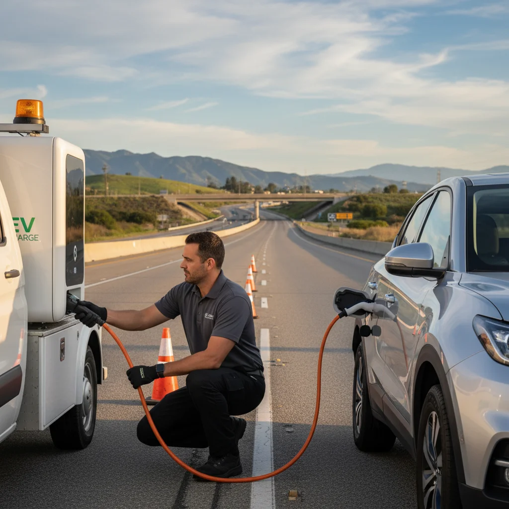 An electric pickup stopped on a dry highway shoulder with brown hills behind it