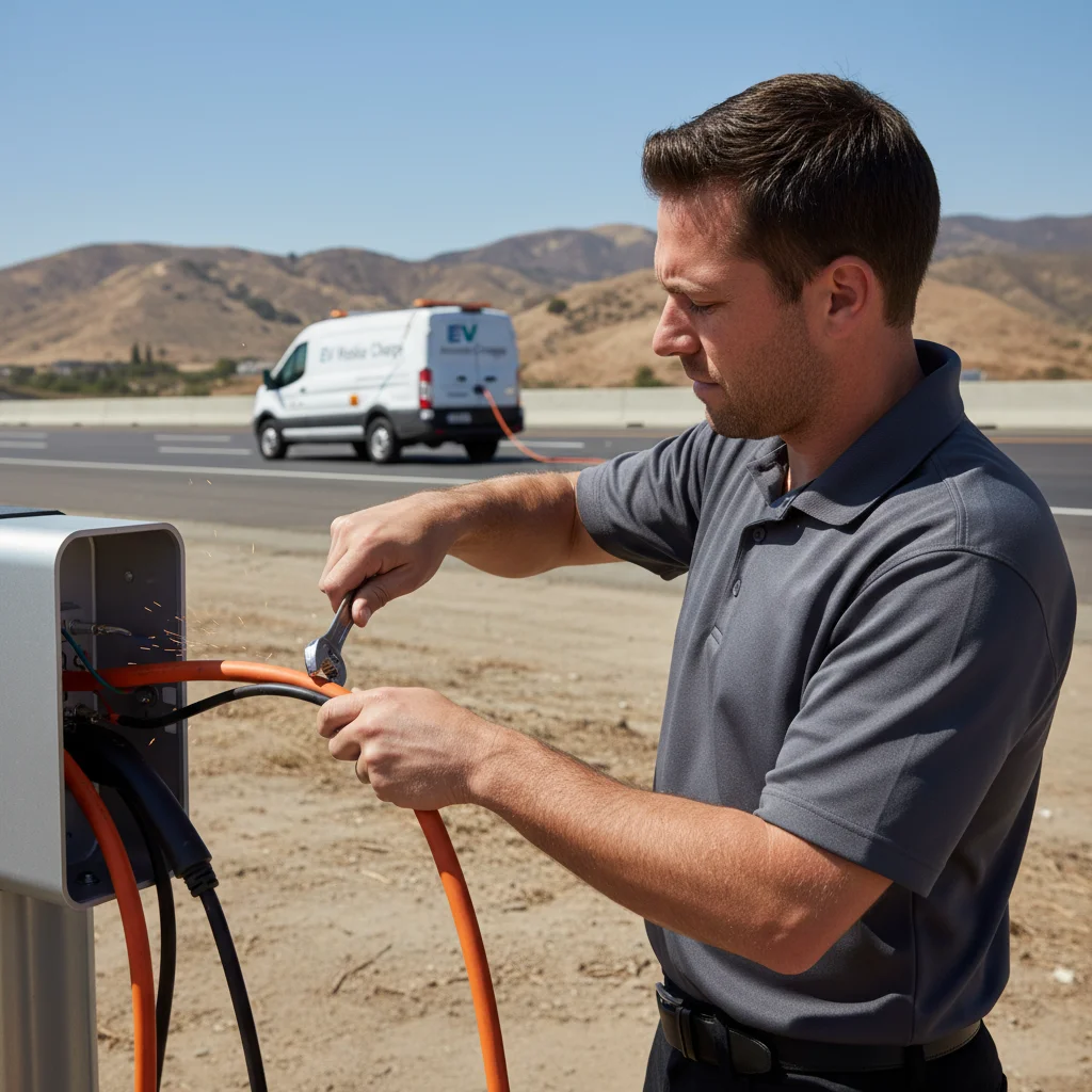 A technician connecting a charging cable to an electric SUV in a parking lot