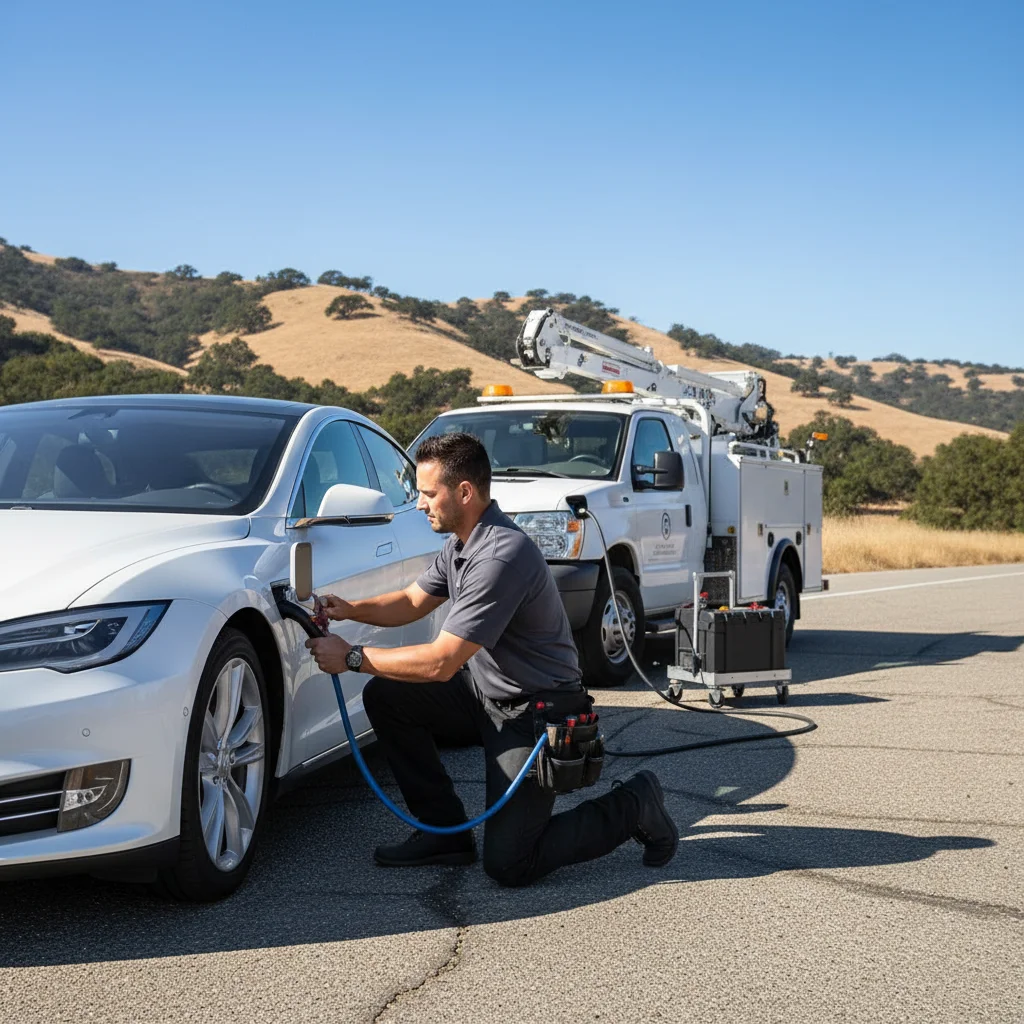 A white electric SUV stopped on a highway shoulder with dry hills and a wide sky behind it