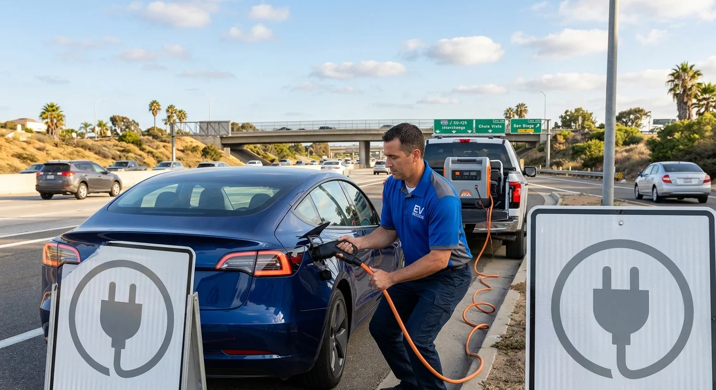 An electric car on a sunlit inland freeway with dry hills and a wide shoulder