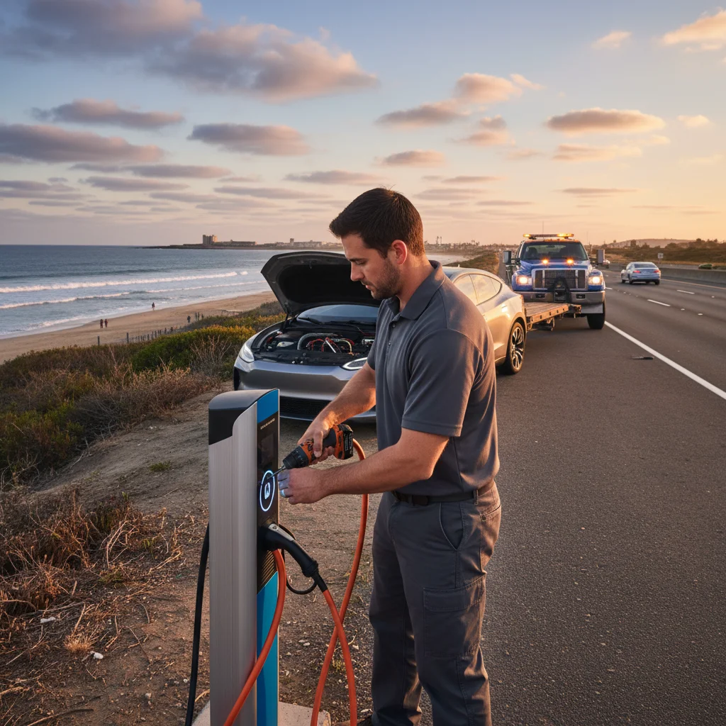 An electric car stopped on a Southern California freeway shoulder as a mobile charging van approaches from the travel lane