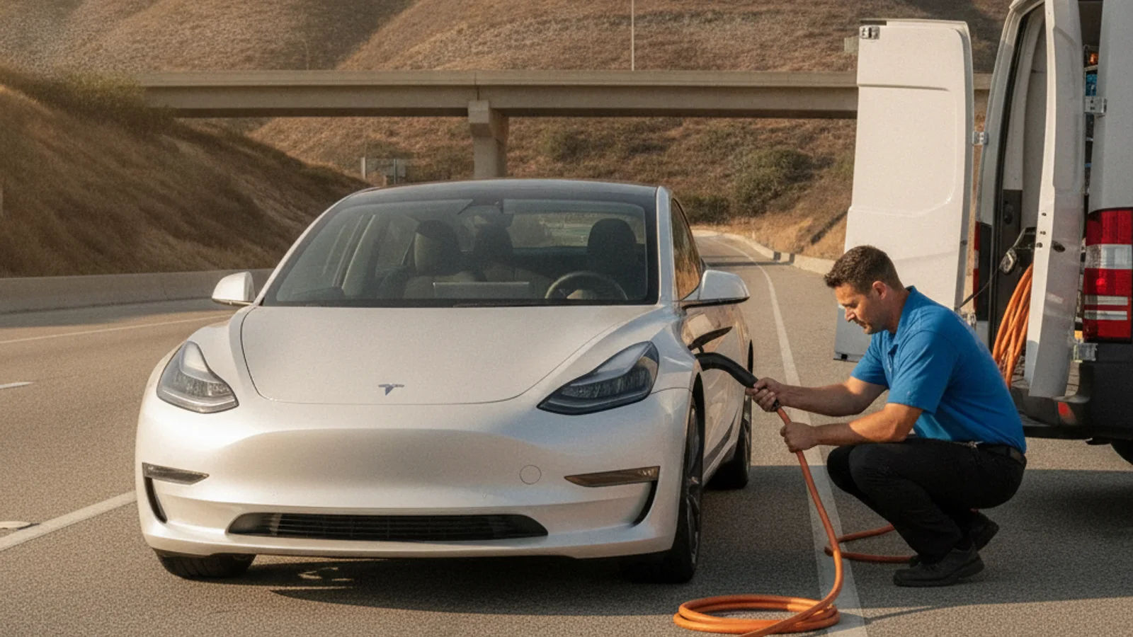 Electric vehicle parked on a paved shoulder near a Southern California freeway off-ramp, with highway route signs in the background