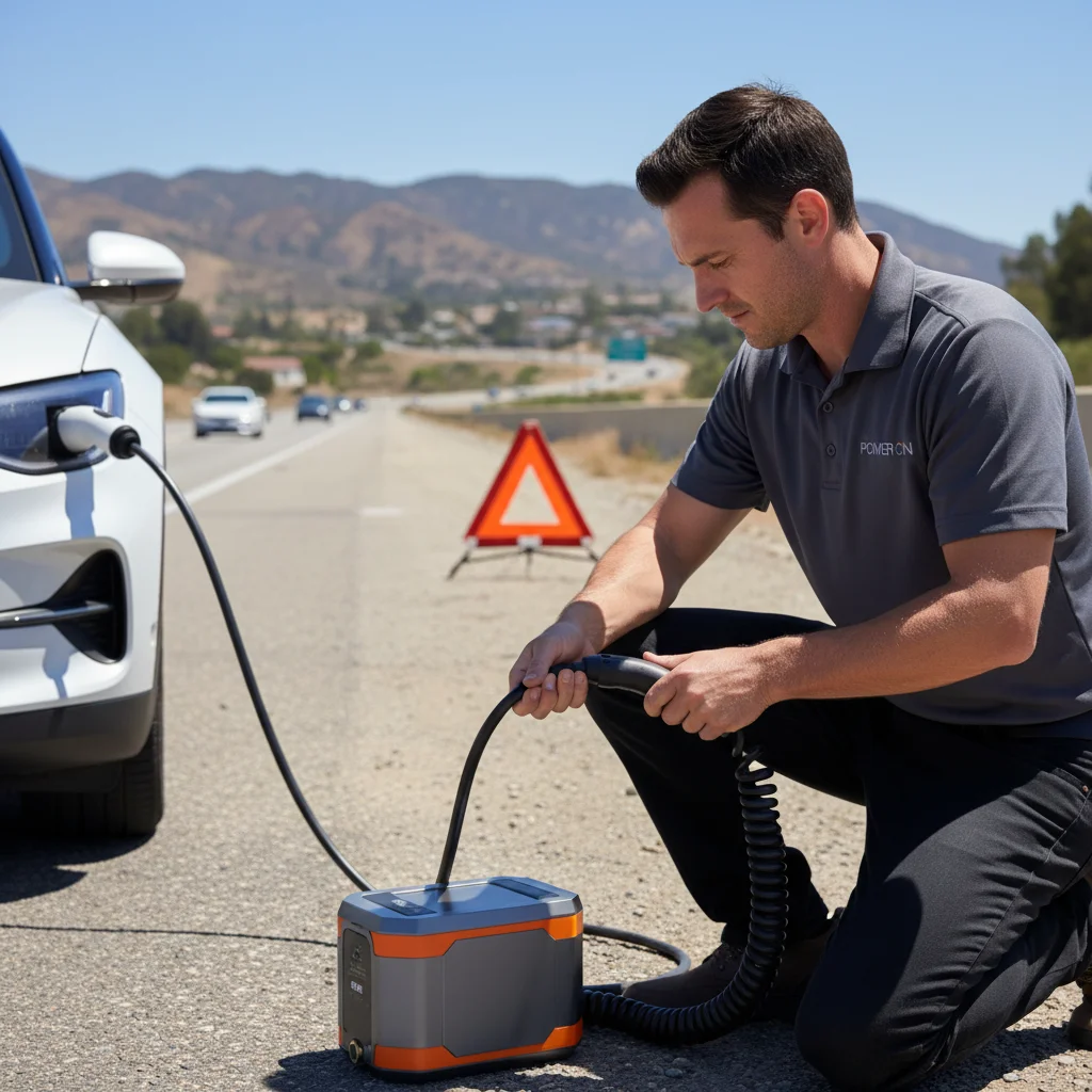 A technician plugging a portable Level 2 cable into an EV beside a warehouse loading row under a bright sky