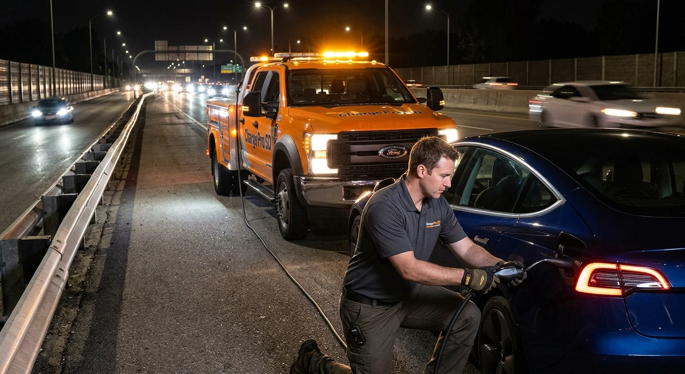 A stranded electric car on a freeway shoulder at night with a marked rescue truck lighting the scene