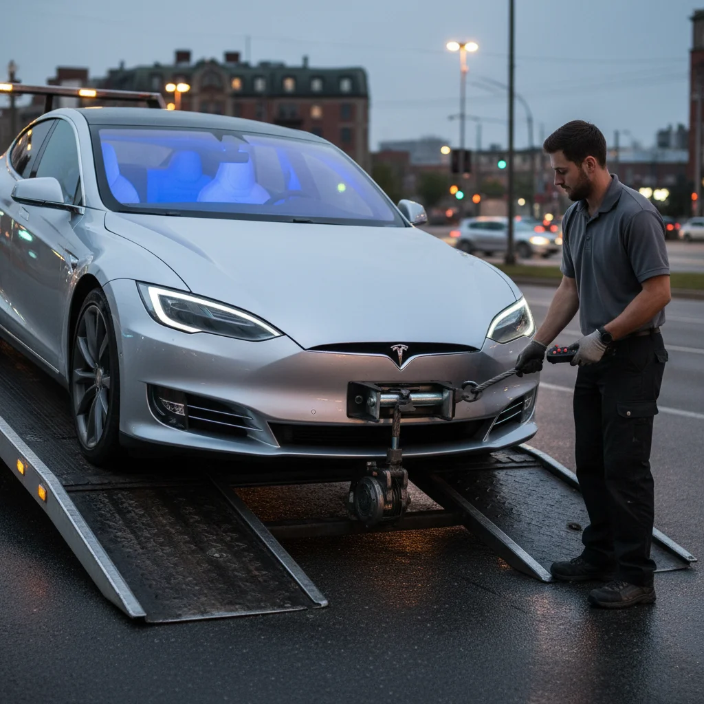 A Tesla being winched onto a flatbed with the wheels straight while a technician guides the load