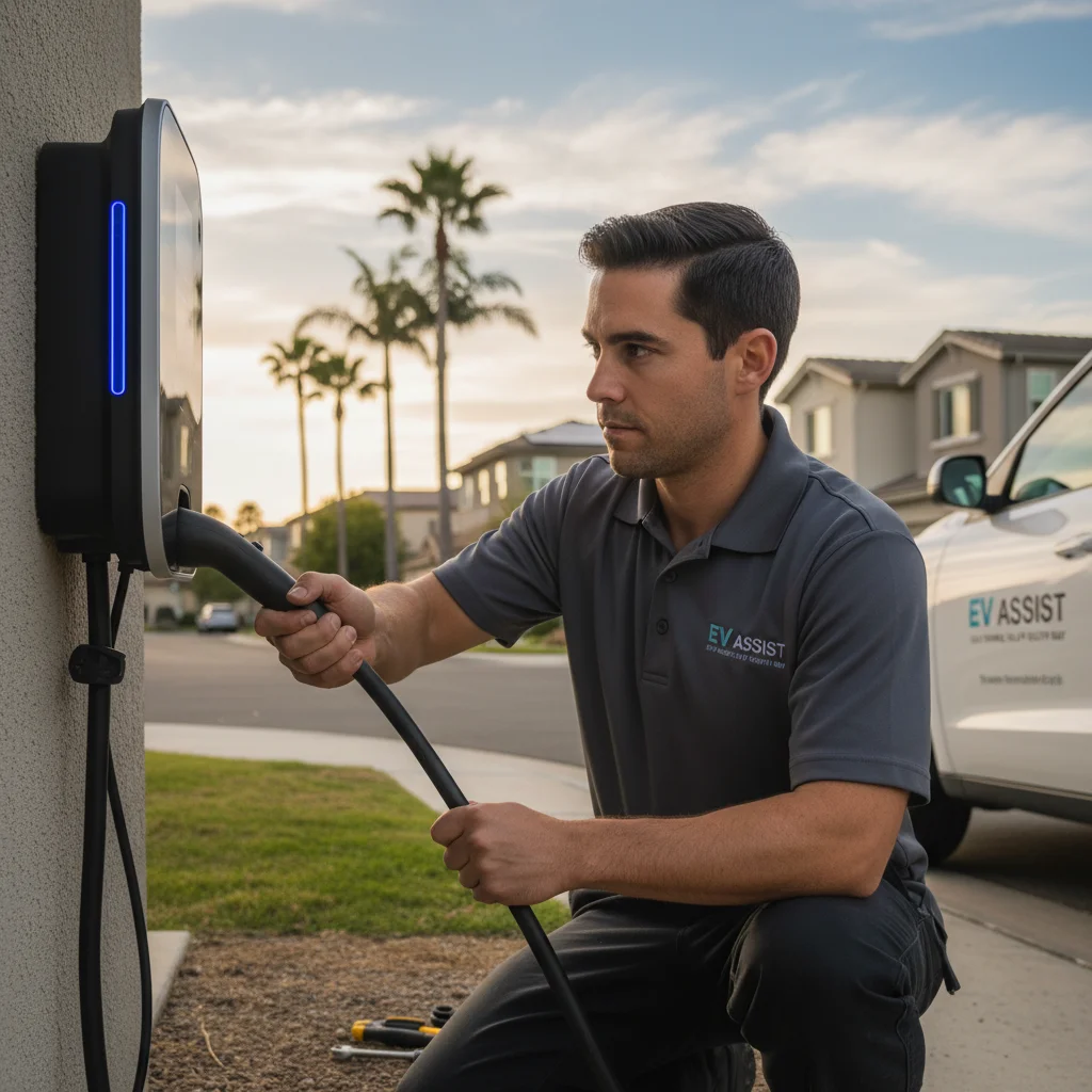 A charging cable plugged into an EV parked along a sunny residential curb
