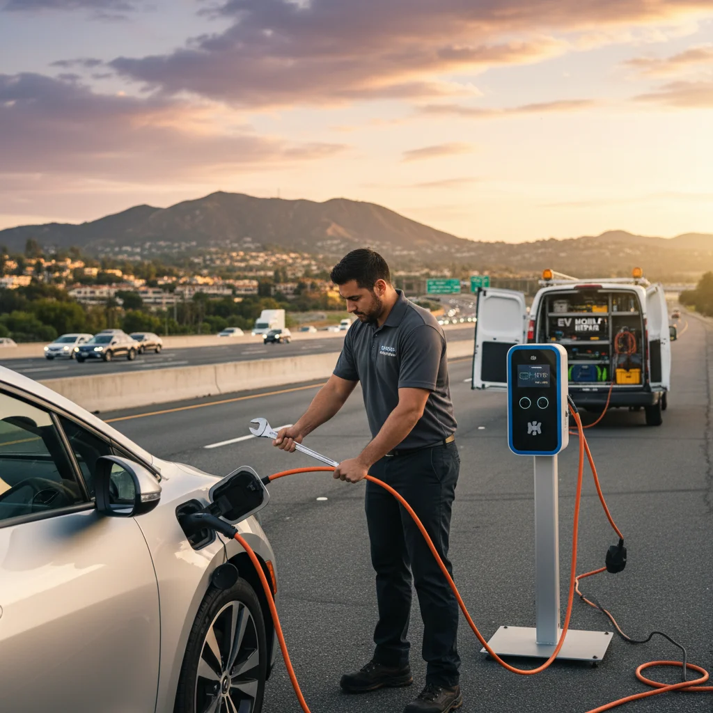 An EV stopped on a freeway shoulder with dry hills and scrub in the background