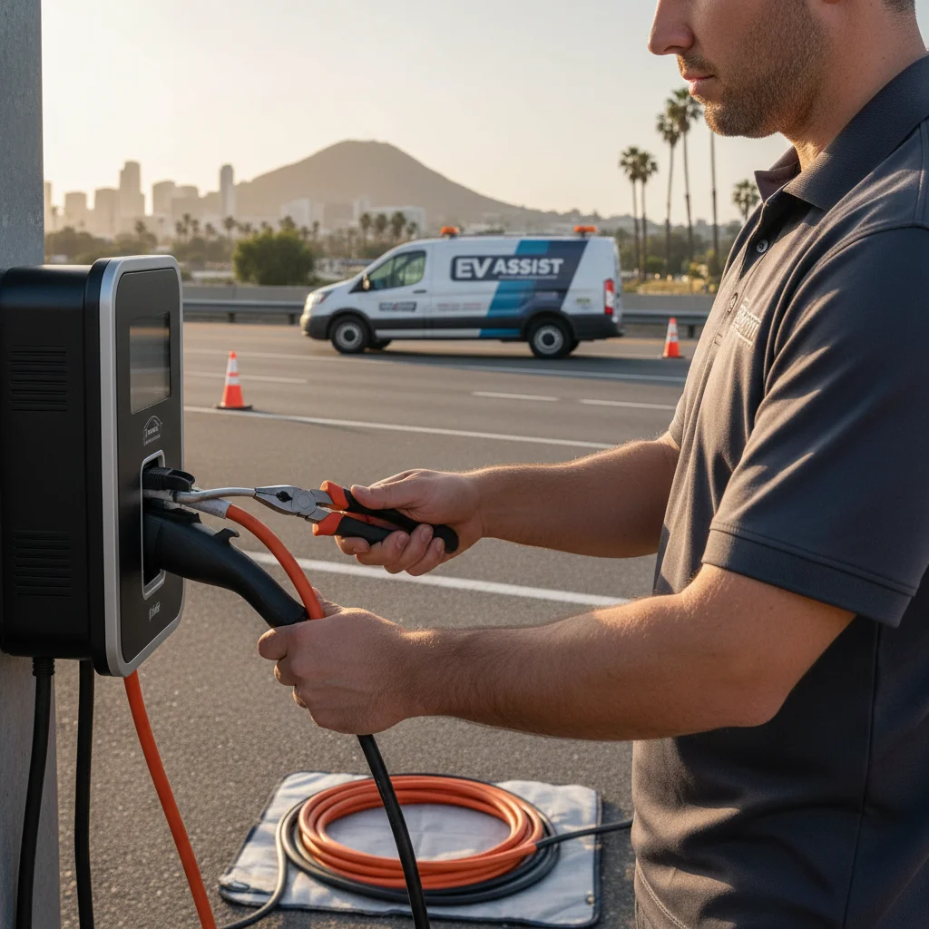 A technician connecting a portable Level 2 charger to an EV parked at the curb