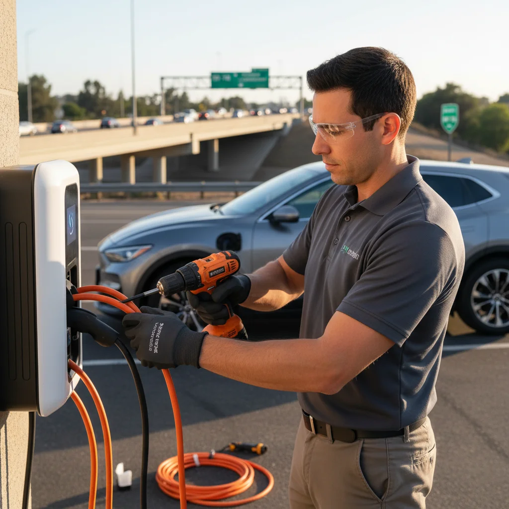 Technician plugging a portable charger into an EV on a paved roadside shoulder