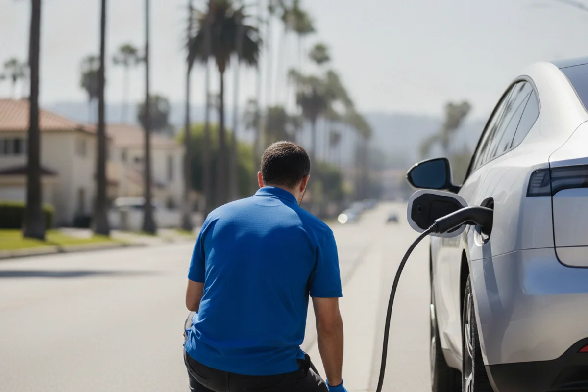 A technician crouched beside an electric car at a palm-lined curb, connecting a charging cable