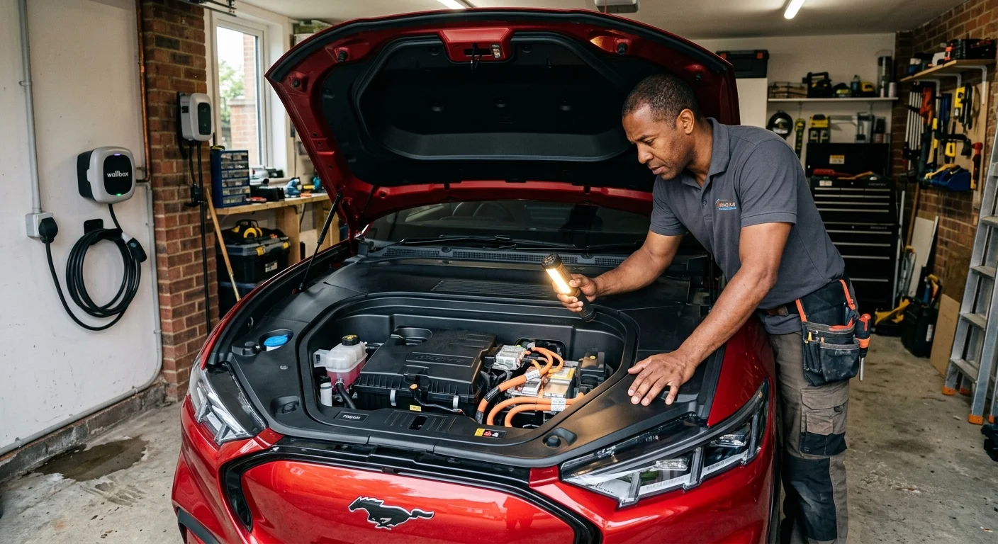 Owner with a flashlight checking the open front trunk of a Ford Mustang Mach-E in a home garage
