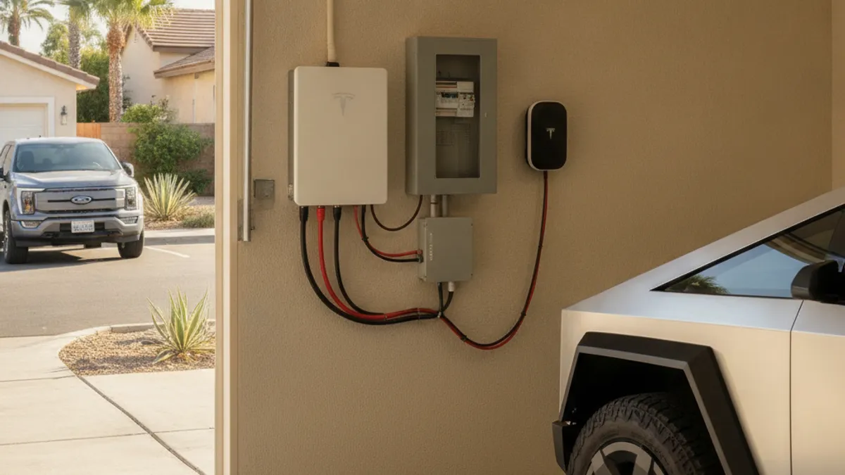 A wall-mounted home battery beside a residential electrical panel in a suburban garage