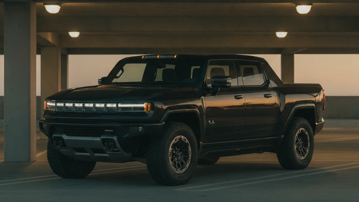 A large electric pickup parked in a dim parking structure with a dark, unlit cabin