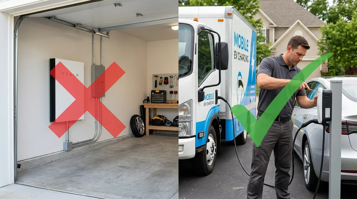 Split view of a wall-mounted home battery with a red X beside a mobile charger hooked to an EV with a green check